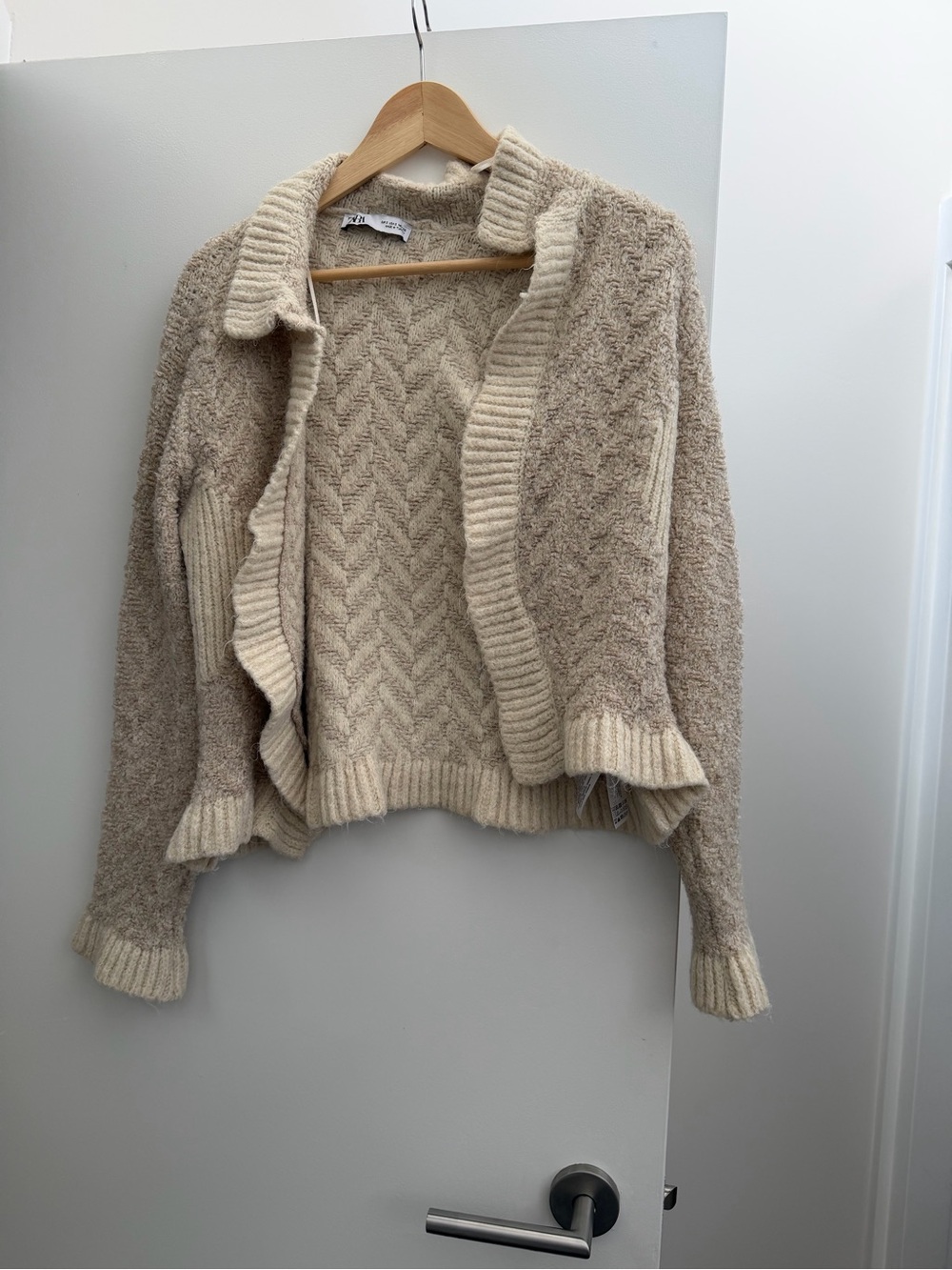 Zara Cream & Beige Textured Open-Front Cardigan
